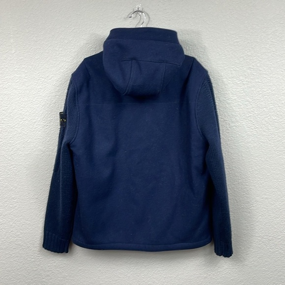New Stone Island Logo Appliqued Wool Blend Hooded Jacket Blue Knit Sleeve Sz M - Picture 7 of 16
